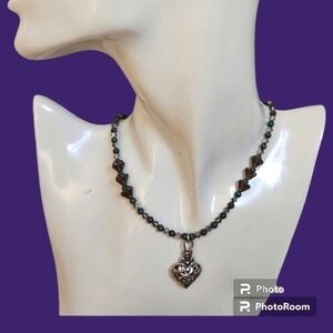 HANDMADE Malachite Swarovski Crystal Tulip Czech Glass Heart Pendant Necklace